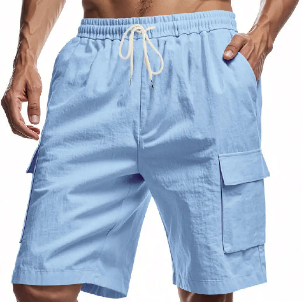 Men’s relaxed linen cargo drawstring shorts in light blue with side pockets and a comfortable waistband design