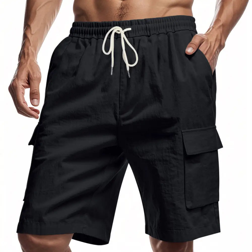Men’s relaxed black linen cargo shorts with white drawstring waistband and multiple side pockets for casual wear