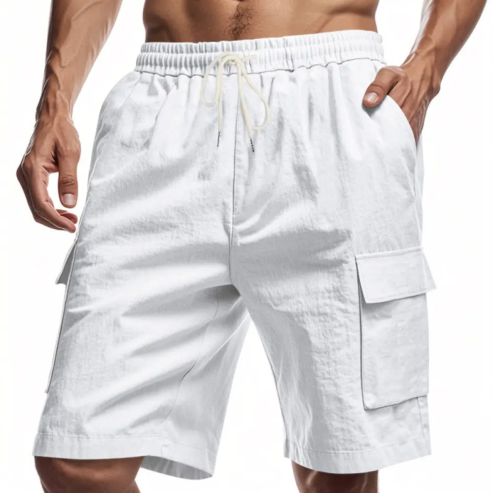 Men’s relaxed white cotton cargo shorts with elastic waistband and matching drawstring for casual wear