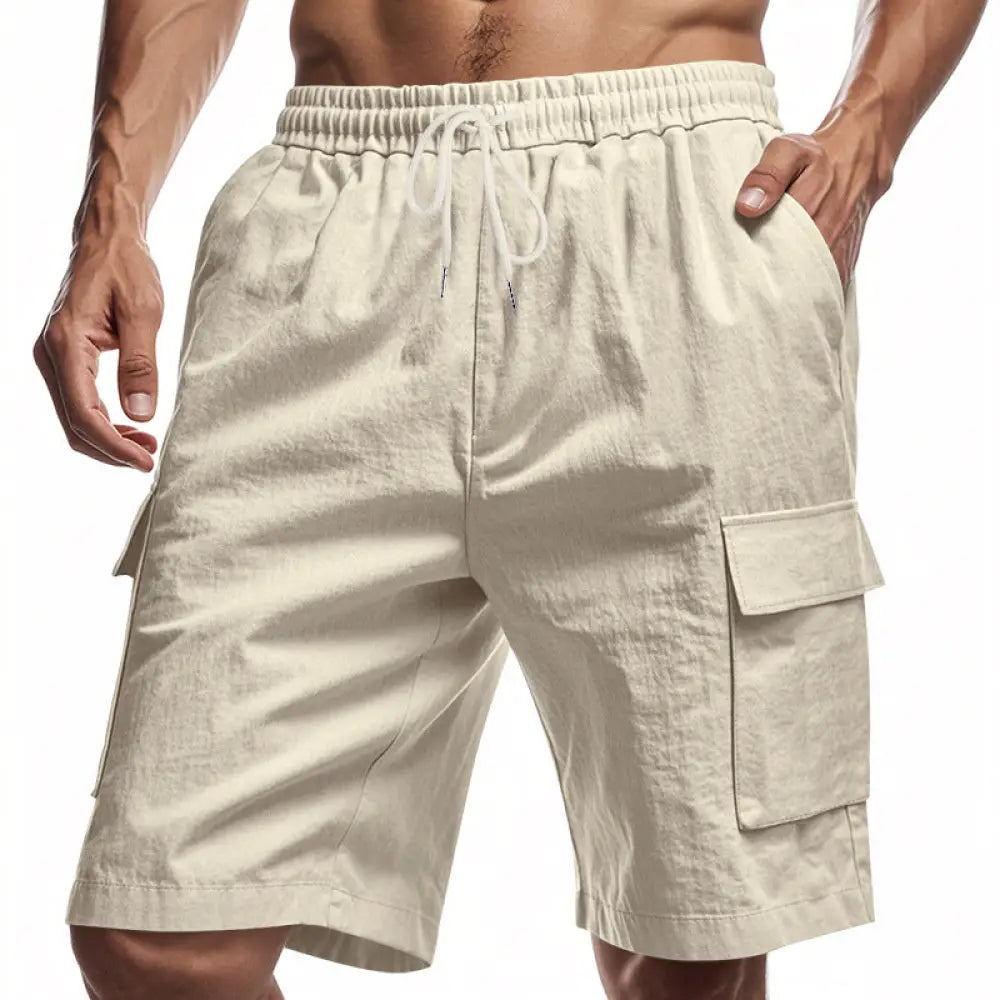 Beige cotton men’s relaxed linen cargo drawstring shorts with elastic waistband for casual comfort and style