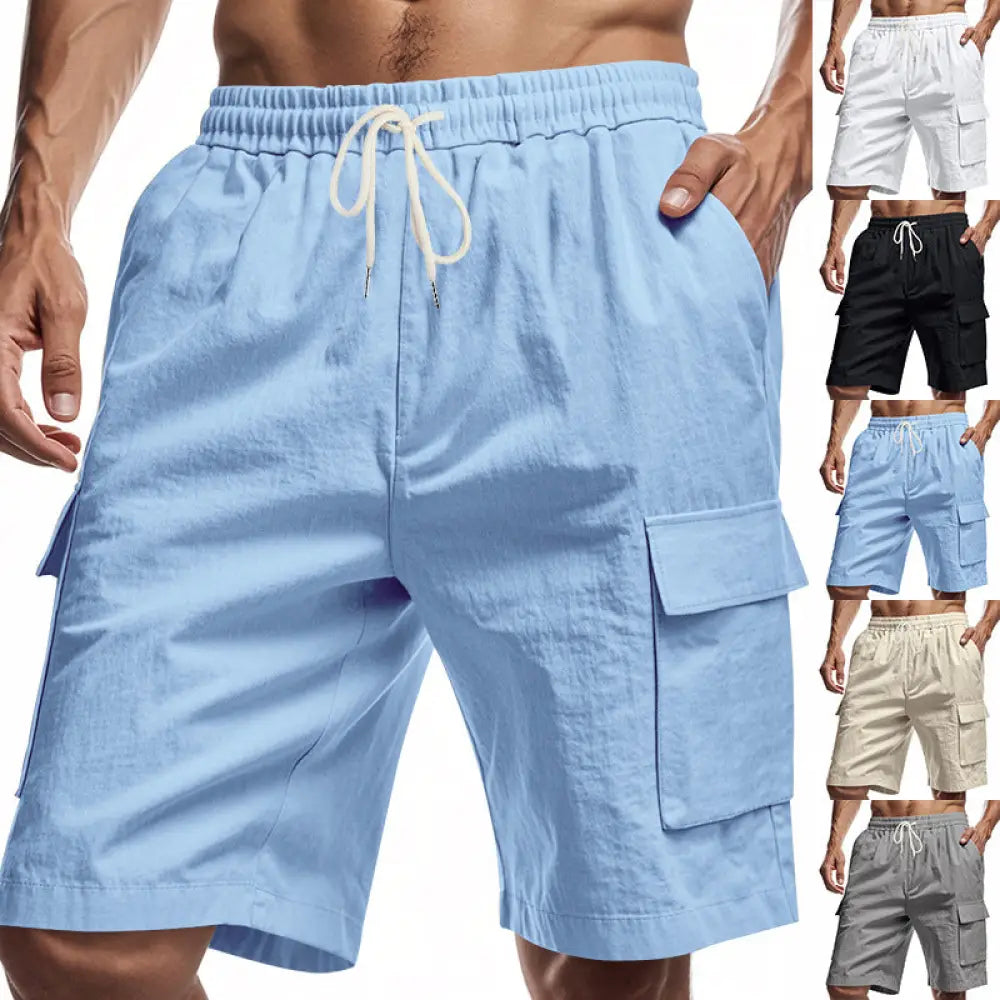 Men’s relaxed linen cargo shorts in light blue with elastic waistband and white drawstring for casual comfort