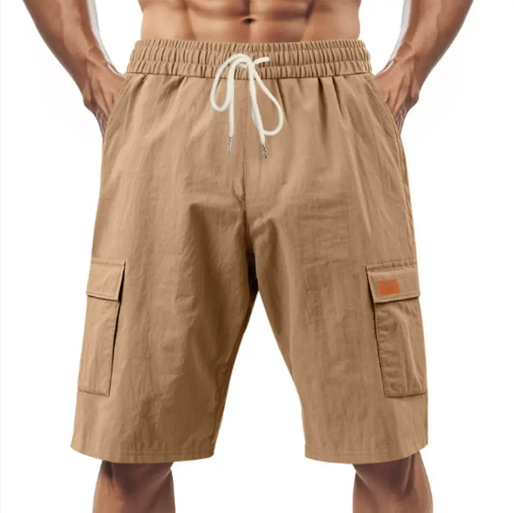 Men’s relaxed linen cargo drawstring shorts in beige with large side pockets and a comfortable waistband