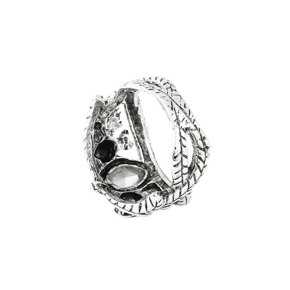 Silver dragon-themed lord ring of barahir with intricate scales and black and clear gemstones for cosplay use