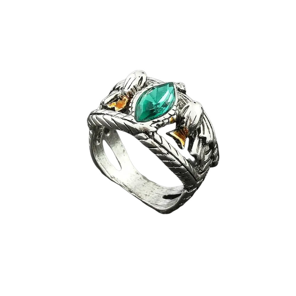 Silver-toned lord ring of barahir featuring an intricate dragon design with a prominent green marquise-cut crystal