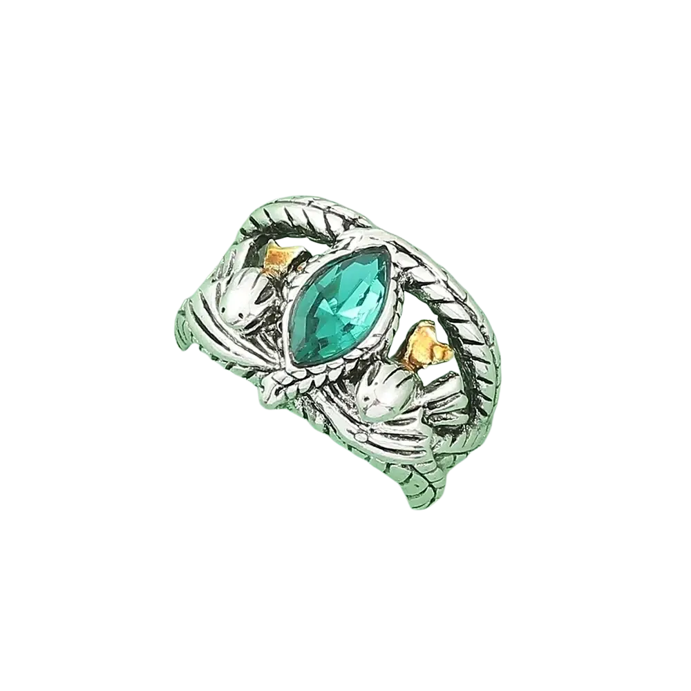 Silver-toned Lord Ring of Barahir featuring a twisted band with a central teal-green marquise-cut crystal and gold accents