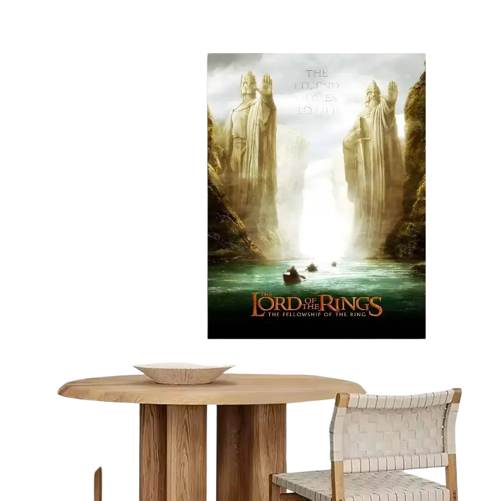A framed paper print poster of Lord of the Rings featuring stone statues and a glowing waterfall with a boat