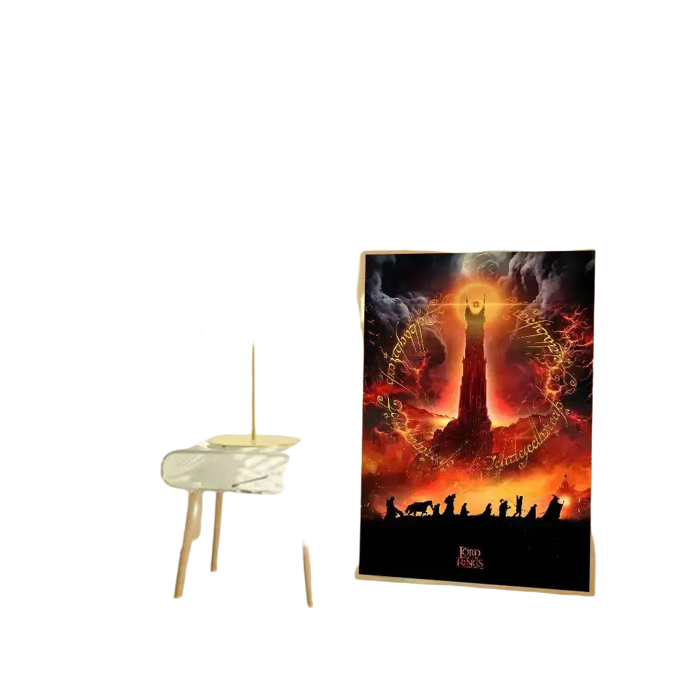 A framed lord of the rings alternative poster paper print with a fiery scene and towering structure in orange-red hues