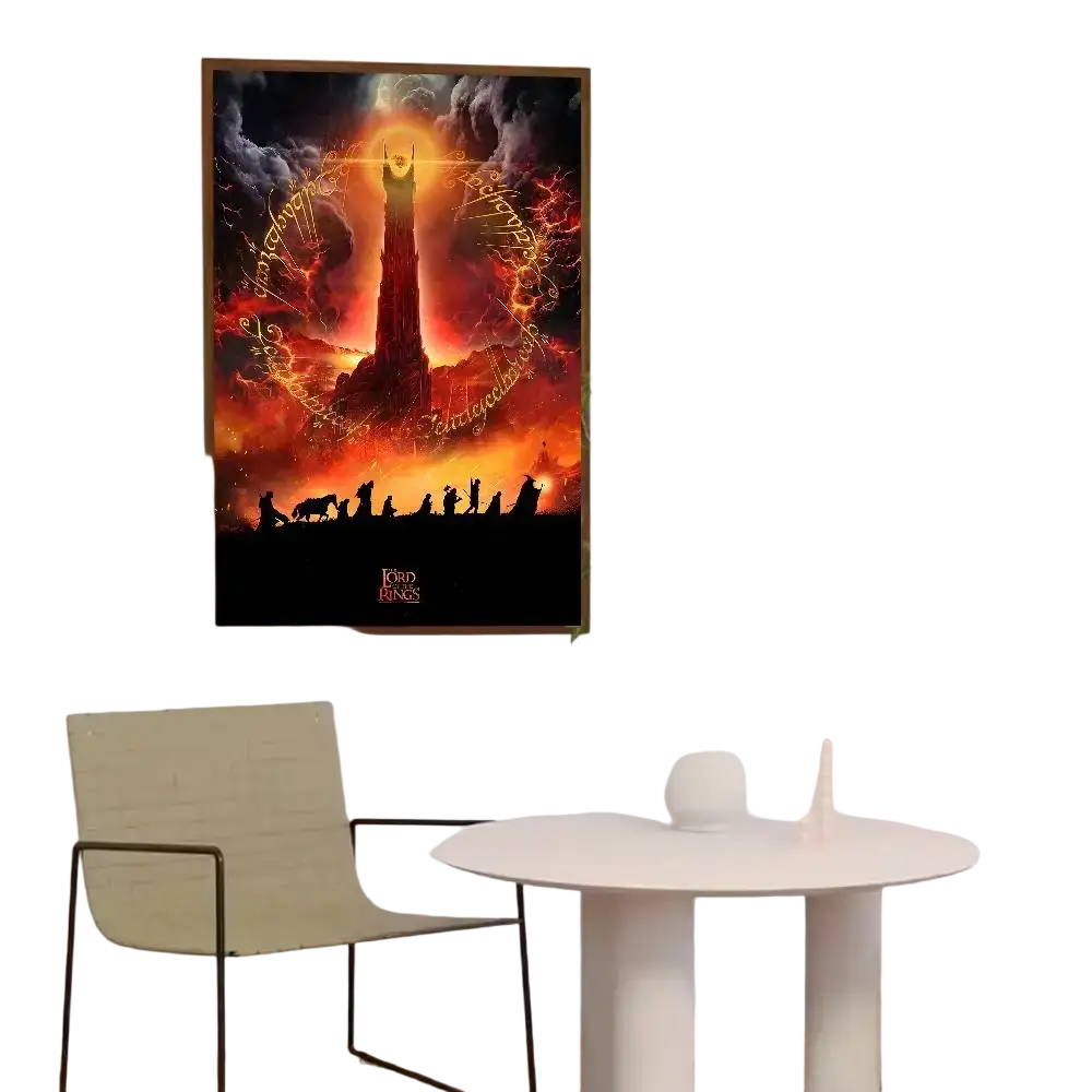 A framed lord of the rings alternative poster paper print featuring a fiery mount doom with the one ring inscription