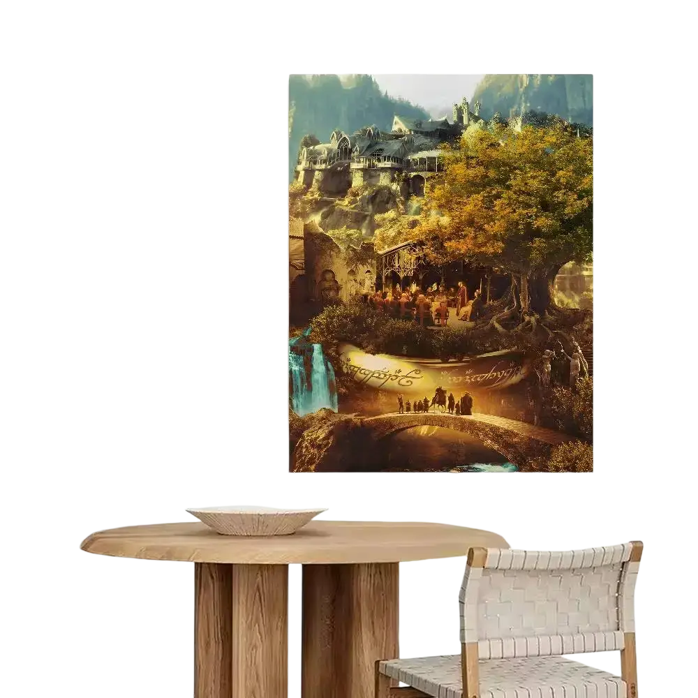 Rectangular paper print of the shire from lord of the rings featuring lush greenery golden trees and elvish waterfall