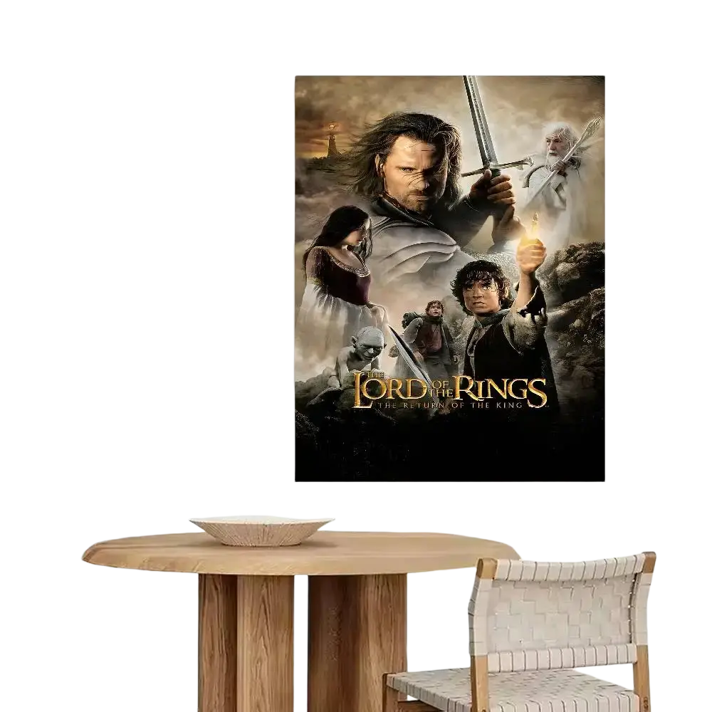 Lord of the rings alternative poster paper print featuring a dark earthy toned return of the king scene with stormy backdrop