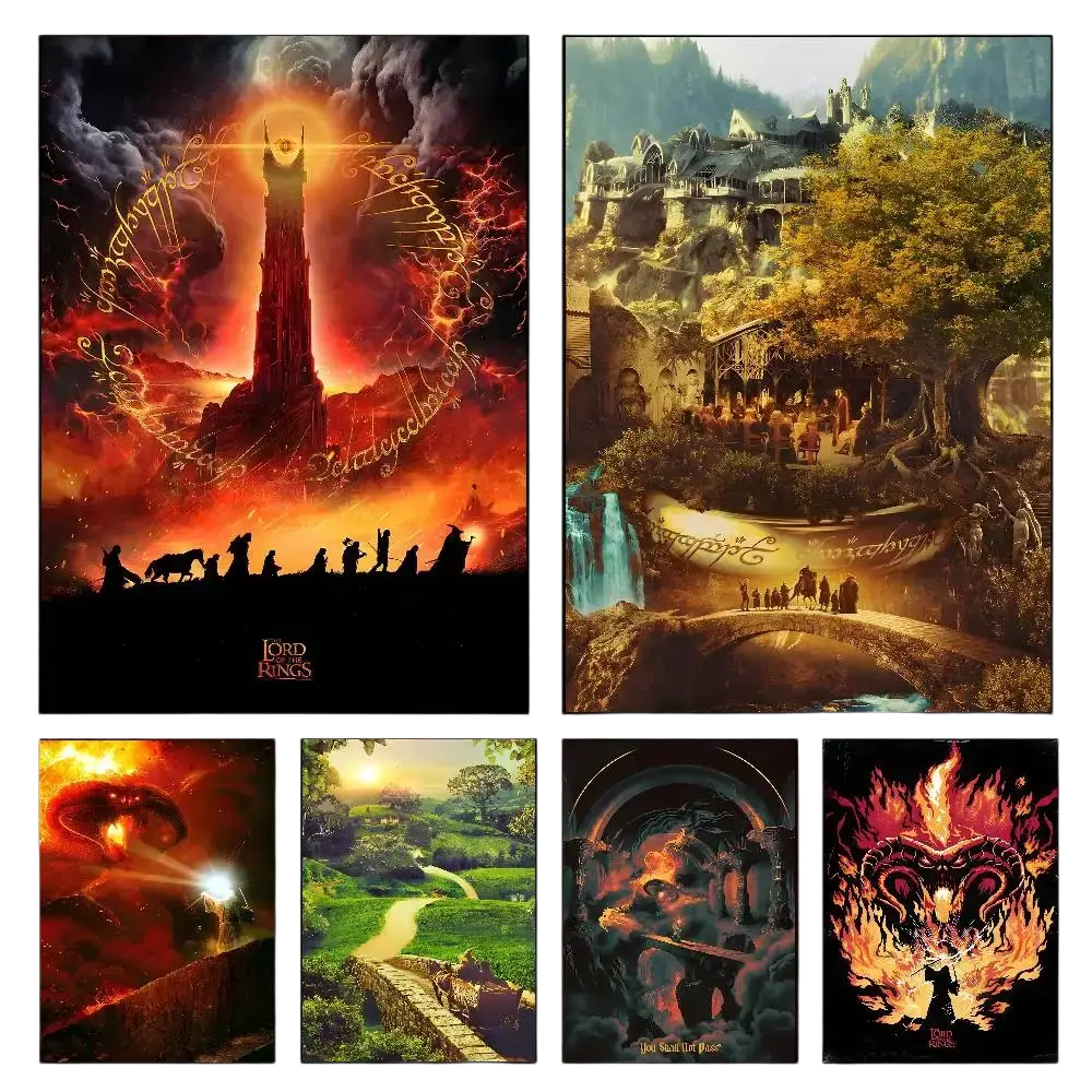 Set of five lord of the rings alternative poster paper prints featuring dramatic mount doom hobbiton and sauron scenes