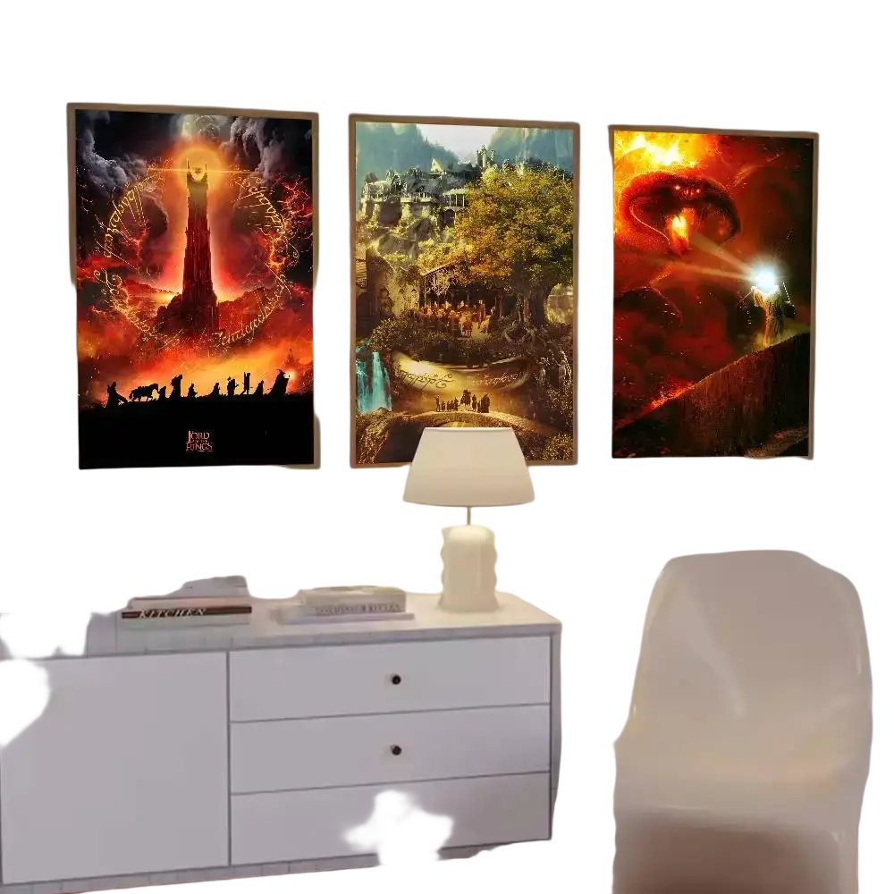 Three framed lord of the rings alternative poster paper prints featuring vibrant fiery artwork with iconic scenes