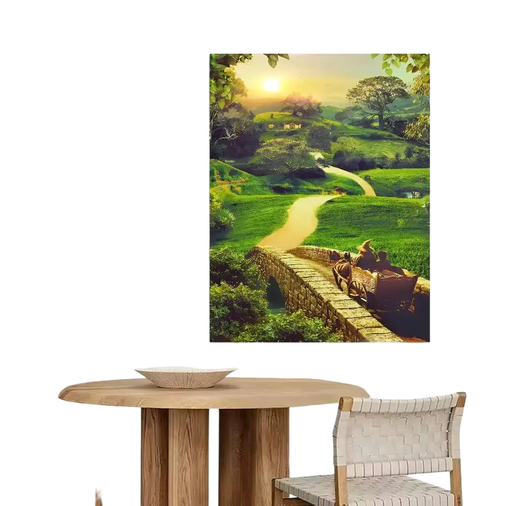 A vibrant paper print of a lord of the rings alternative poster featuring green hills and a stone bridge at sunset