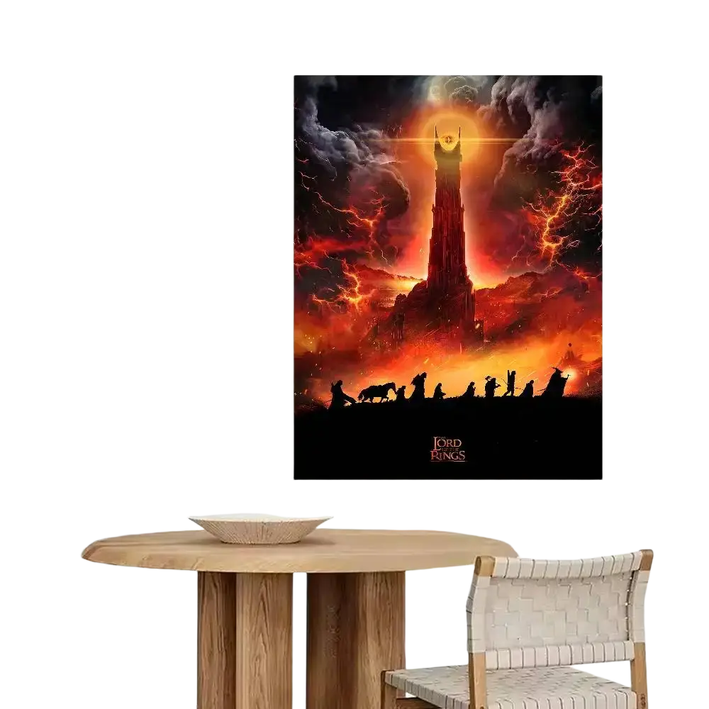 Lord of the rings alternative poster paper print with vibrant fiery spire and stormy orange red sky silhouette design