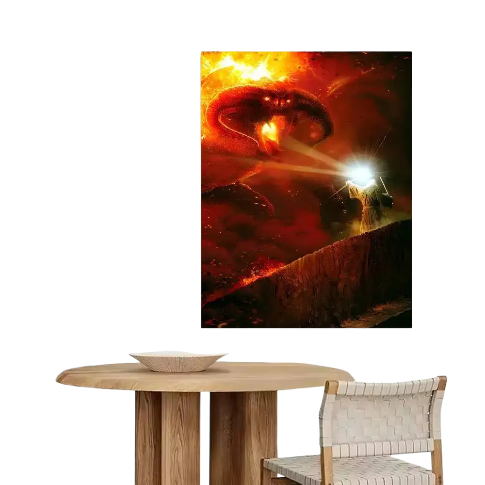 Lord of the rings alternative poster paper print with vibrant fiery scene of glowing torch and red dragon on orange black backdrop
