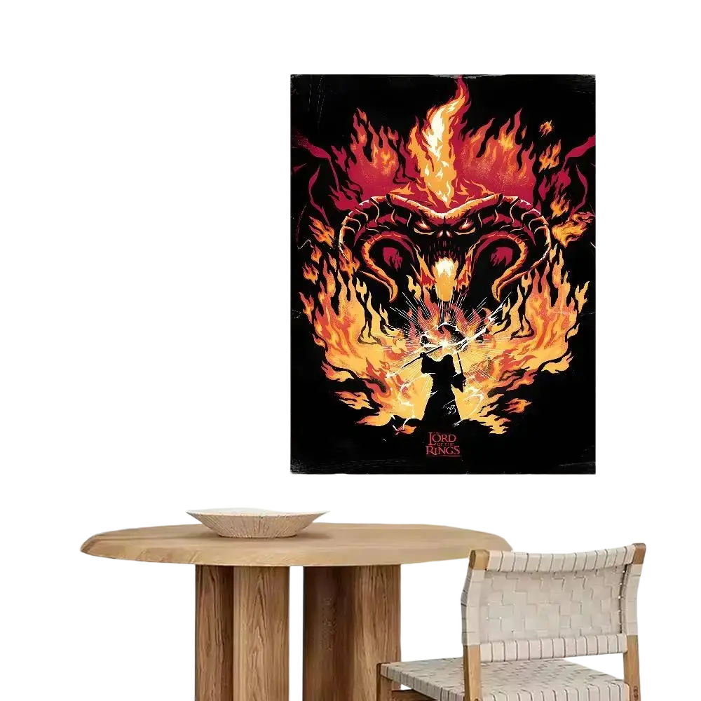 Lord of the rings alternative poster paper print featuring vibrant red and orange flames engulfing a horned creature