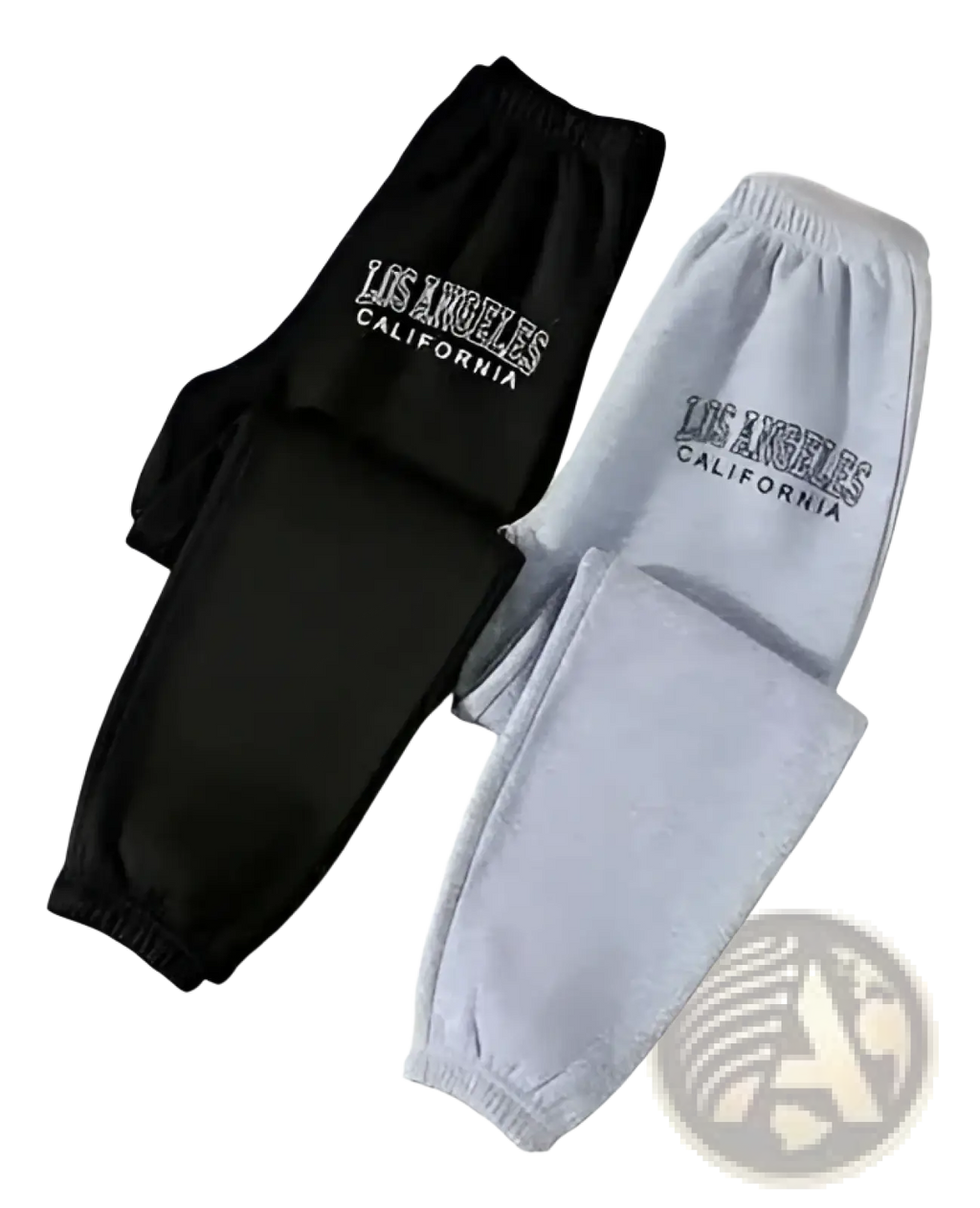 Los Angeles California casual sport sweatpants in black and light gray with embroidered white lettering on the thigh