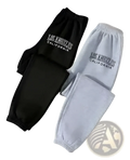 Los Angeles California casual sport sweatpants in black and light gray with embroidered white lettering on the thigh