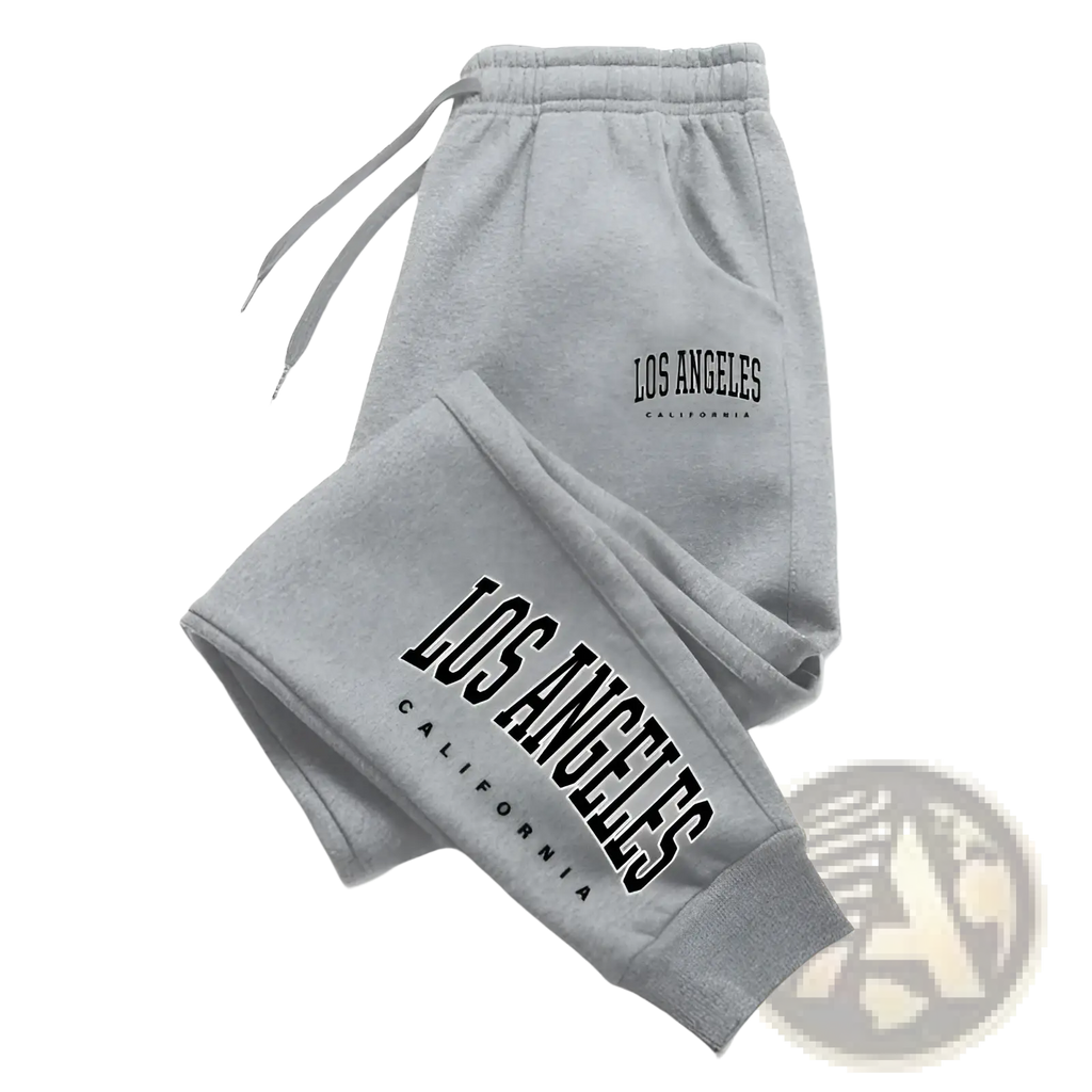Gray cotton Los Angeles California casual sport sweatpants with black arched lettering on waistband and leg