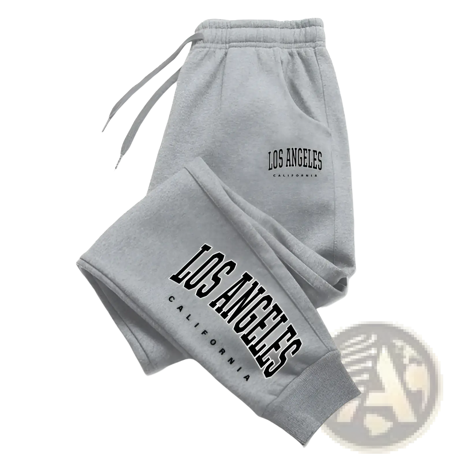 Gray cotton Los Angeles California casual sport sweatpants with black arched lettering on waistband and leg