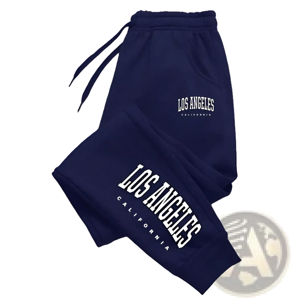 Navy blue casual sport sweatpants with white los angeles california lettering on front and side