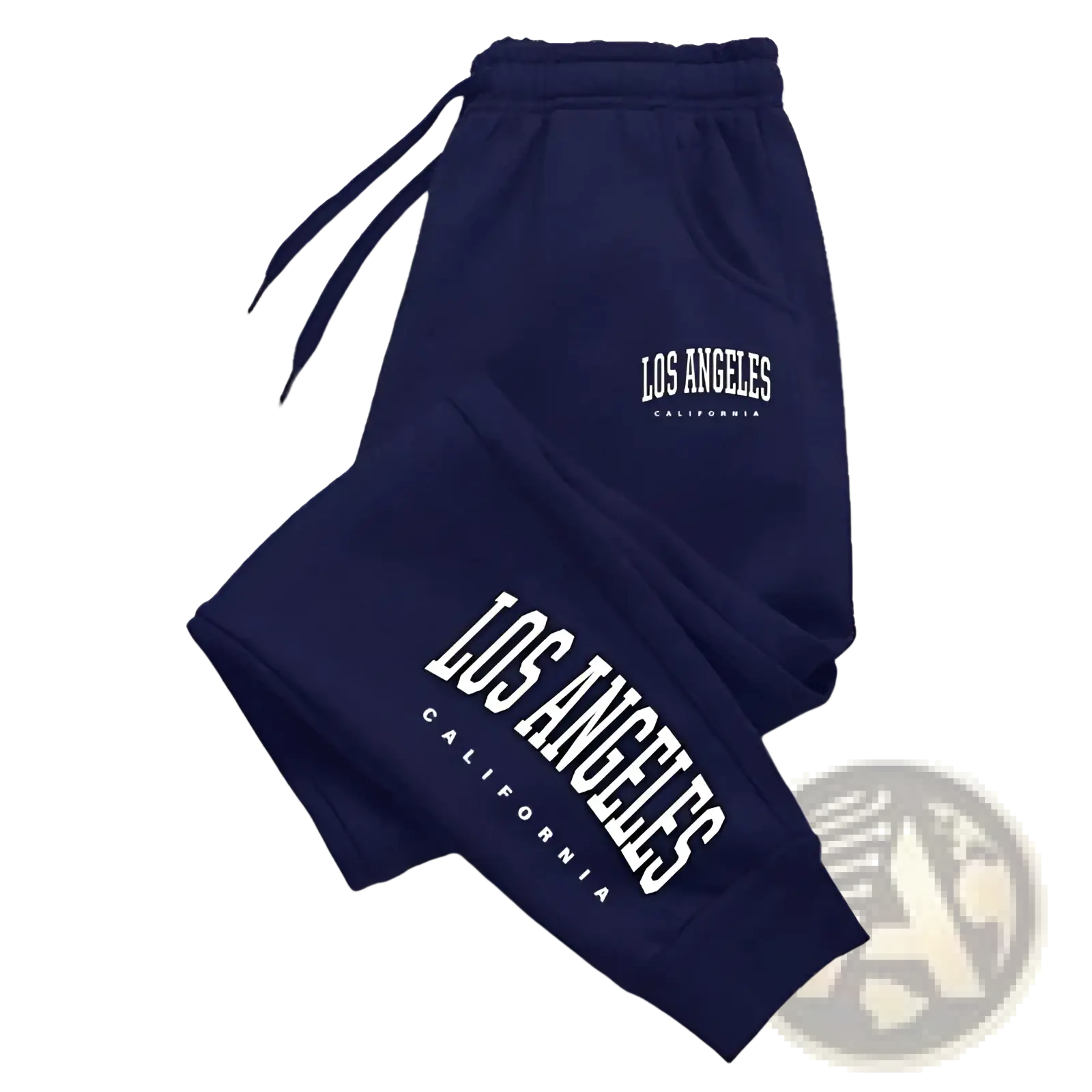 Navy blue casual sport sweatpants with white los angeles california lettering on front and side