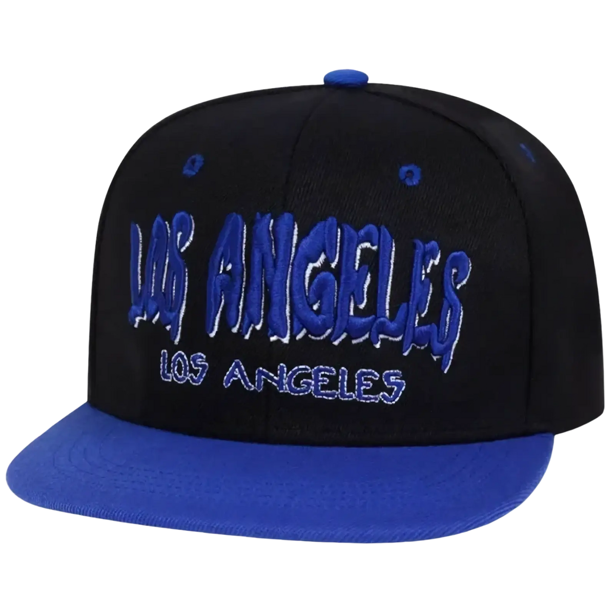 Black snapback cap featuring a bold blue embroidered los angeles logo and matching blue brim