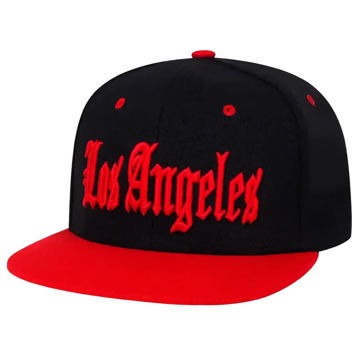 Black and red snapback cap with los angeles embroidered in bold red gothic lettering for casual wear
