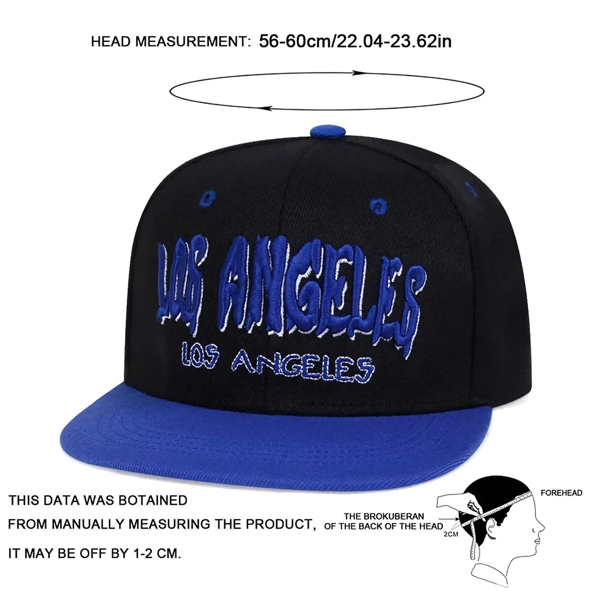 Black and royal blue snapback cap with los angeles embroidered in bold stylized lettering across the front