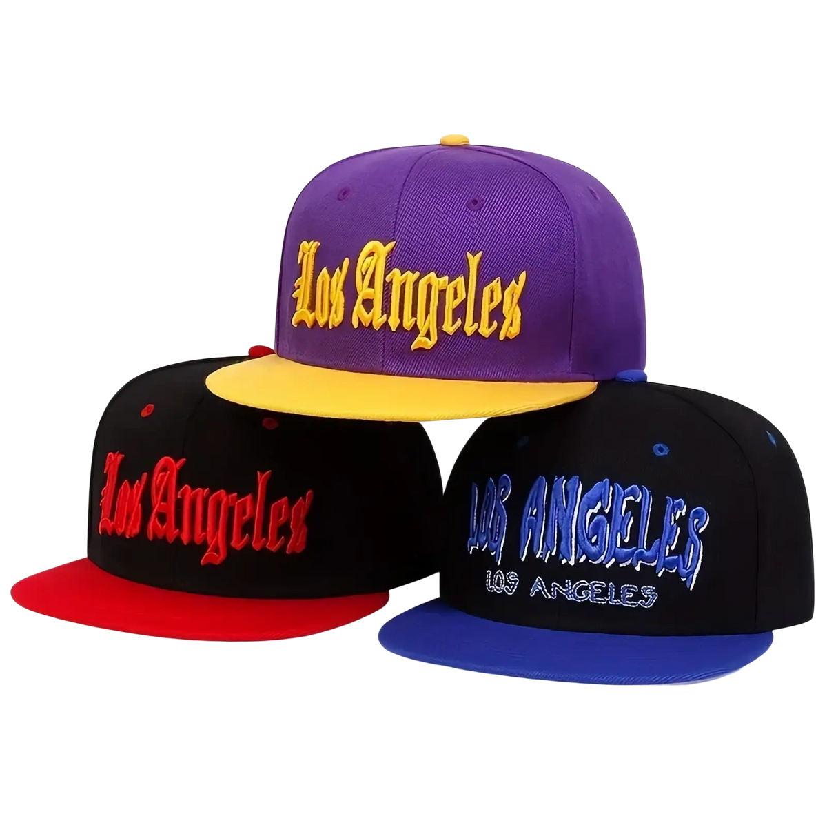 Purple snapback cap with yellow brim and gold embroidered los angeles lettering for casual wear