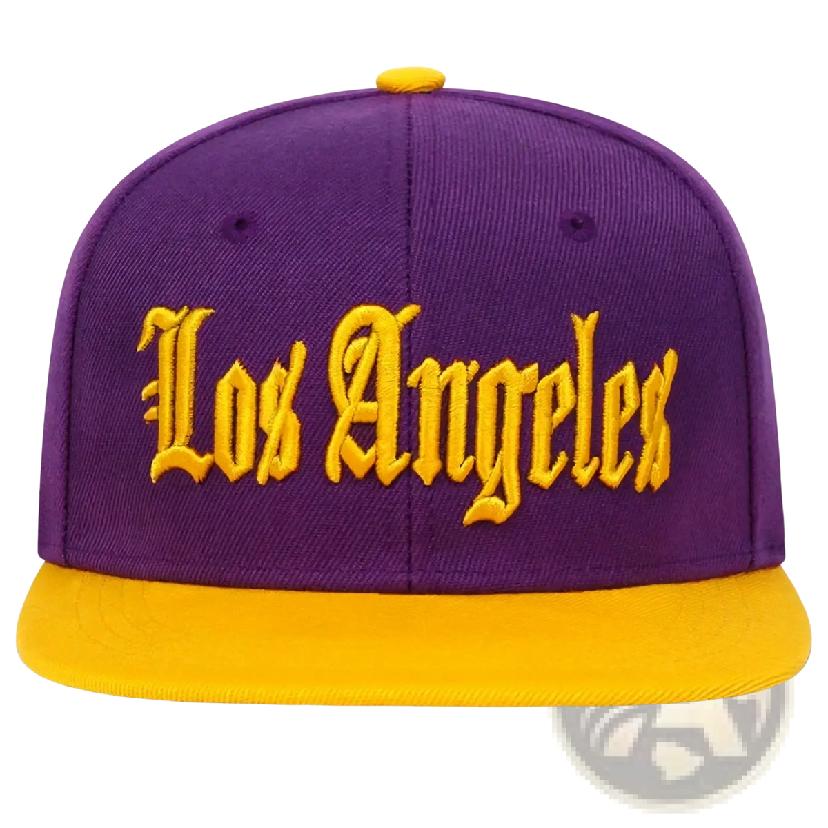Purple and gold snapback cap with los angeles embroidered in yellow script on the front panel