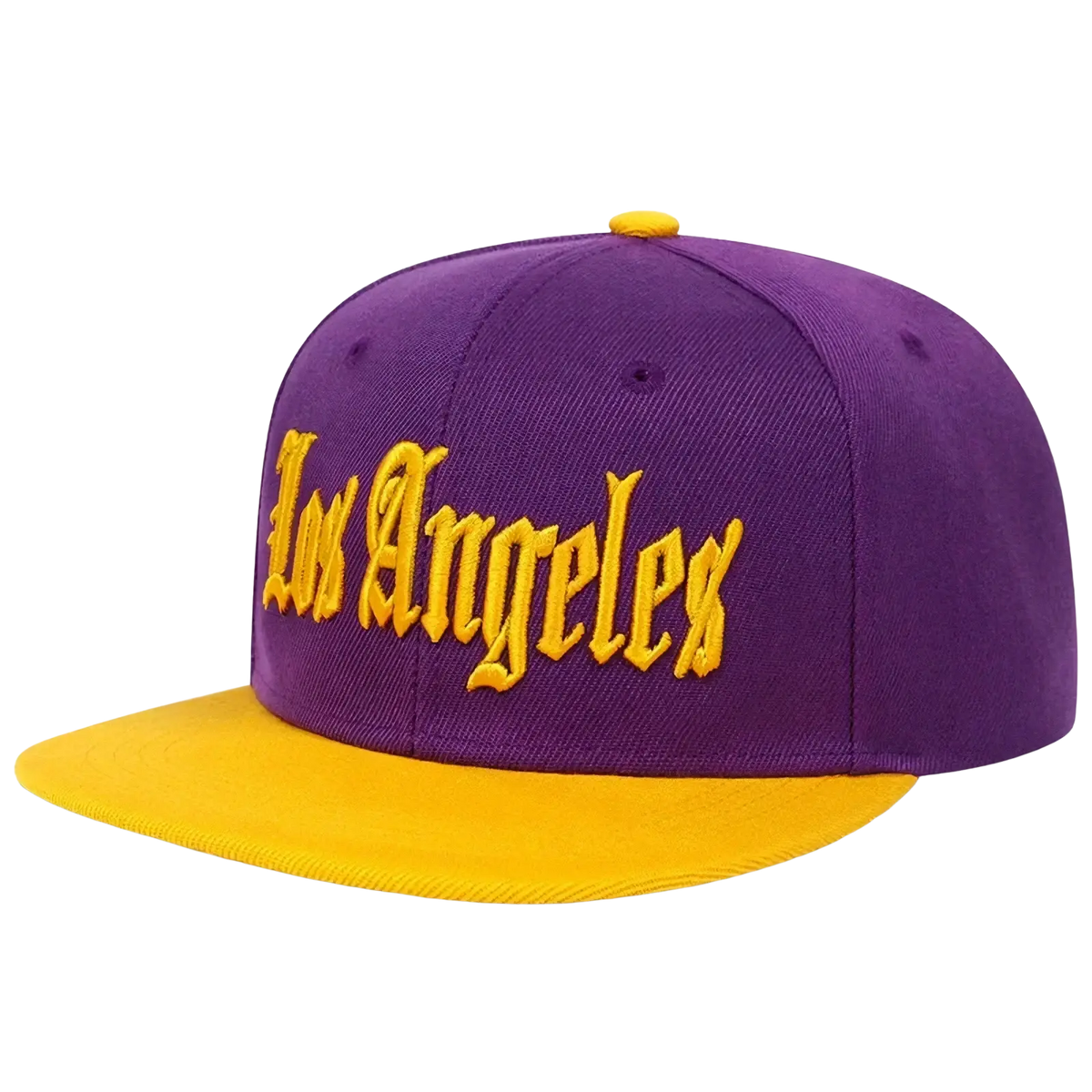 Purple and gold snapback cap with los angeles embroidered in yellow script on the front panel