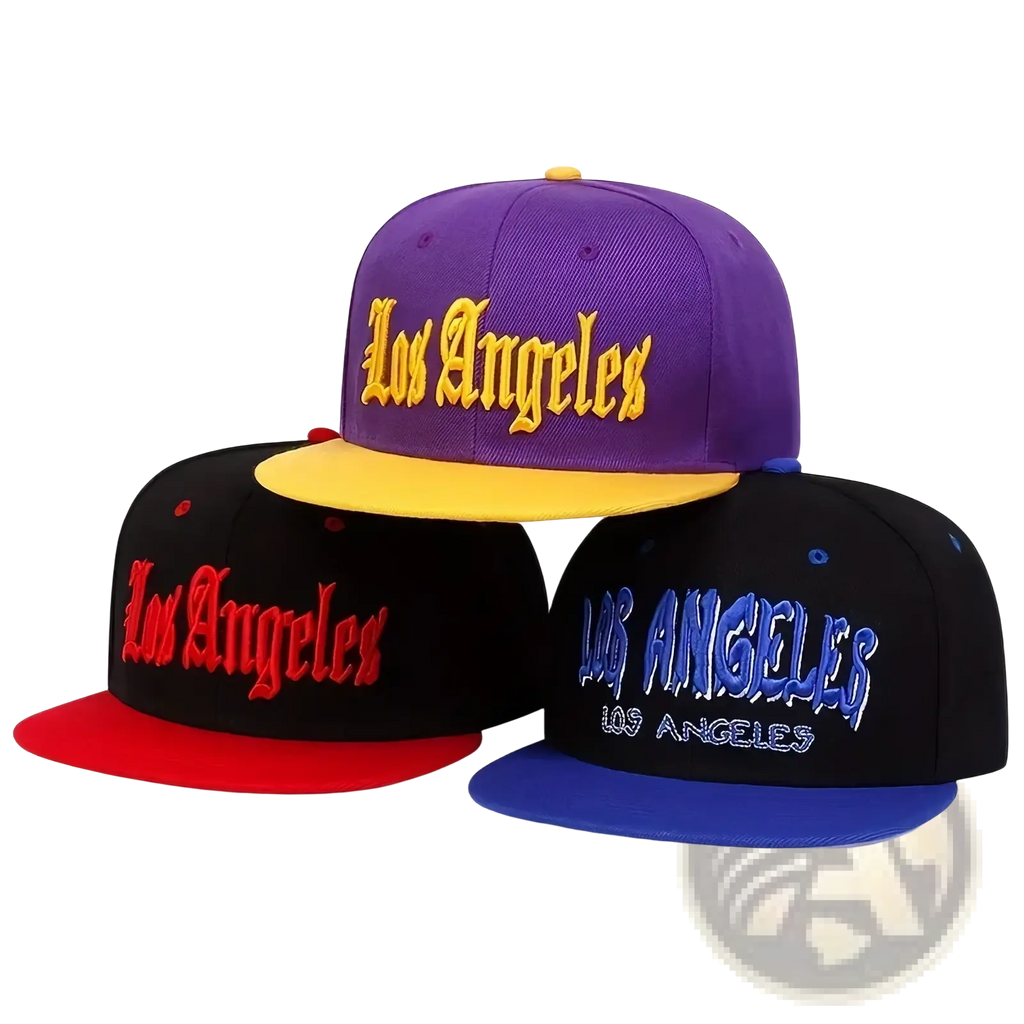 Purple snapback cap with yellow brim and gold embroidered los angeles lettering for casual wear