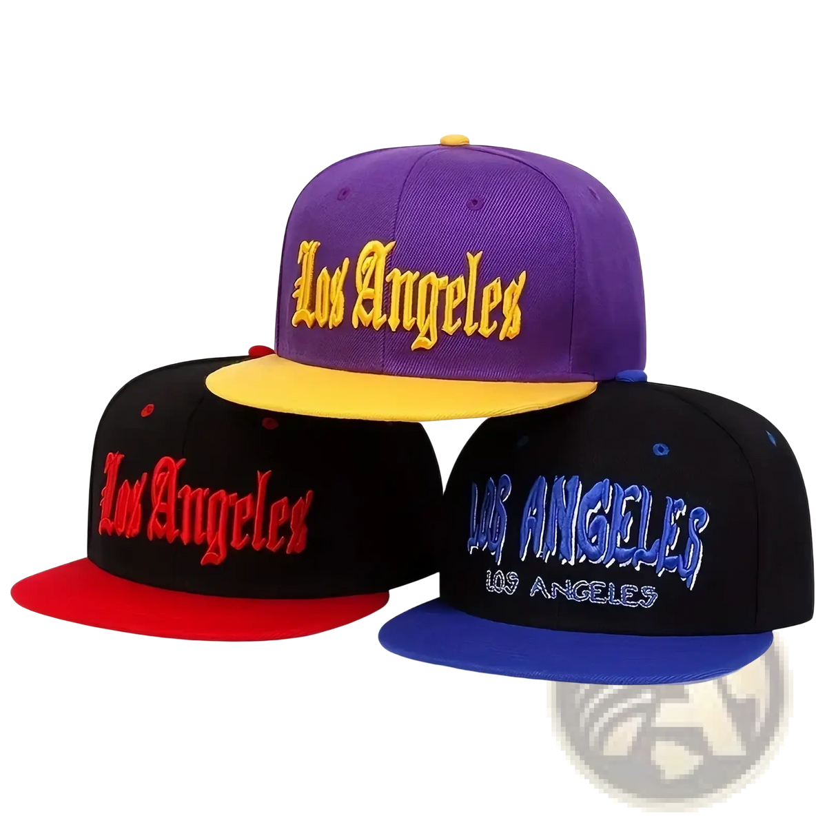 Purple snapback cap with yellow brim and gold embroidered los angeles lettering for casual wear