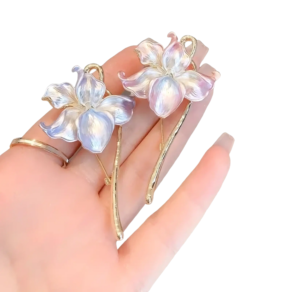 Delicate iridescent blue and pink lotus flower enamel brooch pin with gold-tone stems in orchid shape