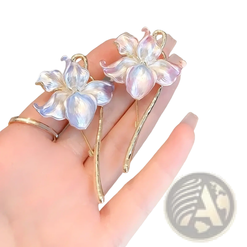 Delicate iridescent blue and pink lotus flower enamel brooch pin with gold-tone stems in orchid shape