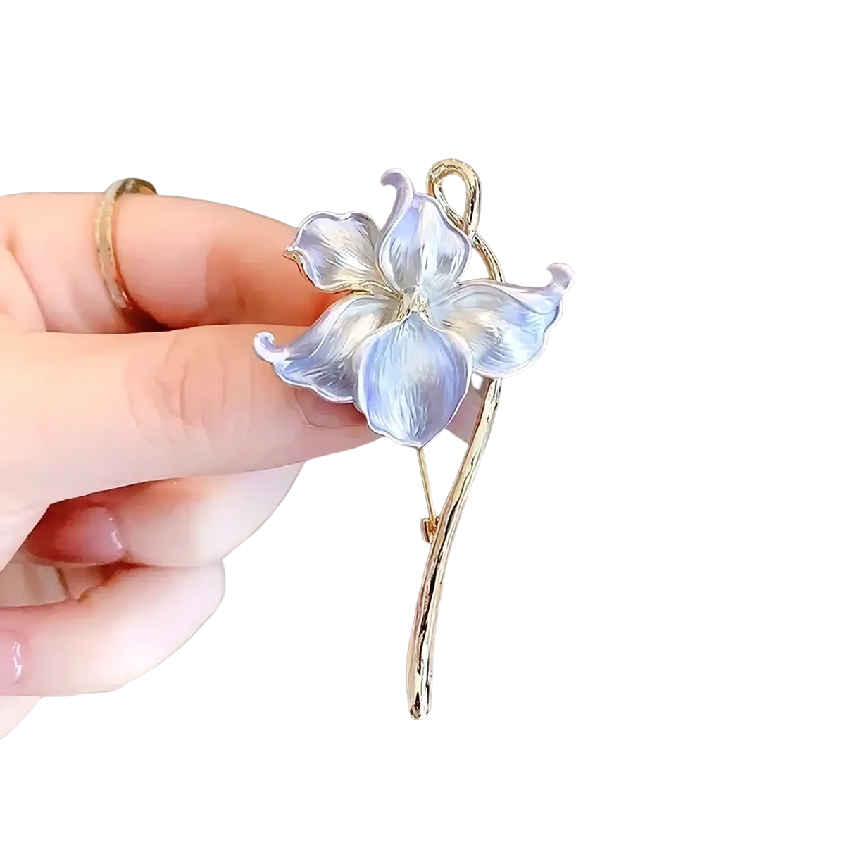 Lotus flower enamel brooch pin with delicate light blue translucent petals and gold-toned stem and pin