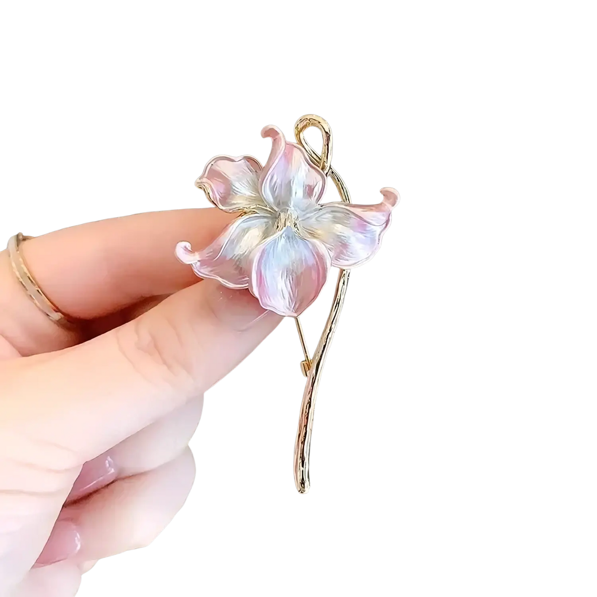 Lotus flower enamel brooch pin featuring a delicate pink and white glass flower with a gold-toned stem