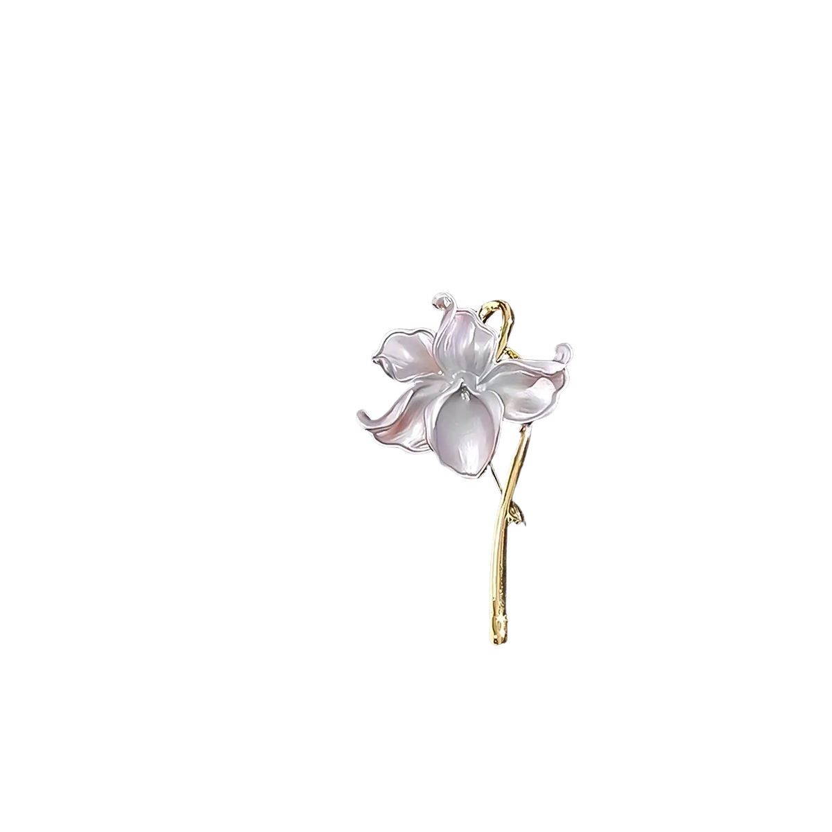 Lotus flower enamel brooch pin featuring a delicate white orchid with gold-tone stem and translucent glass-like material