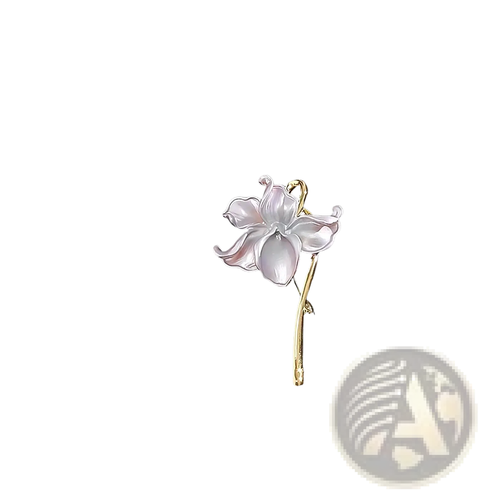 Lotus flower enamel brooch pin featuring a delicate white orchid with gold-tone stem and translucent glass-like material