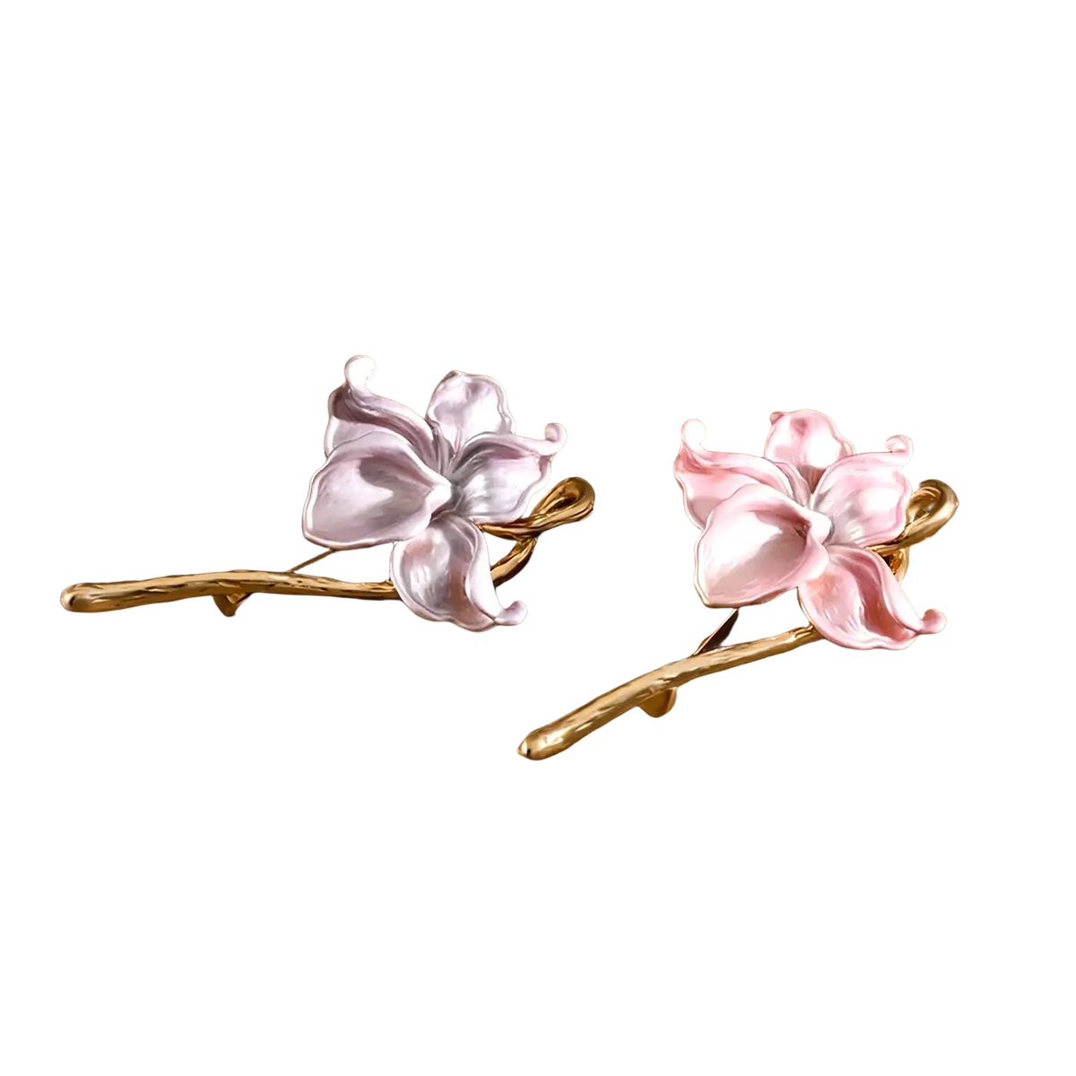 A pair of delicate floral hairpins featuring hand-painted pink and lavender enamel lotus blossoms with gold-toned stems