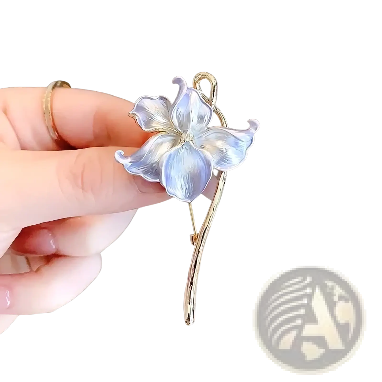Lotus flower enamel brooch pin with delicate light blue translucent petals and gold-toned stem and pin