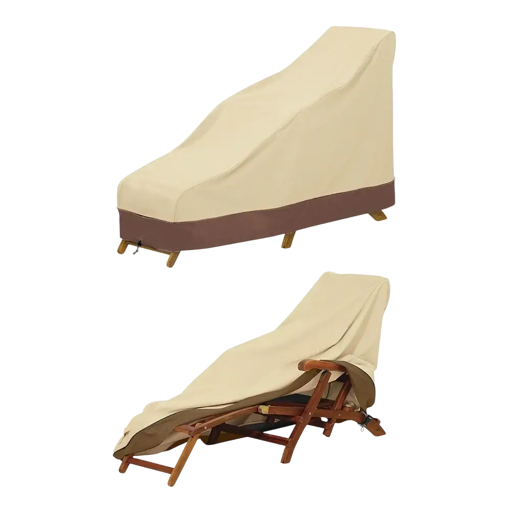 Beige and brown heavy duty outdoor lounge chair cover with reinforced bottom hem for outdoor furniture protection