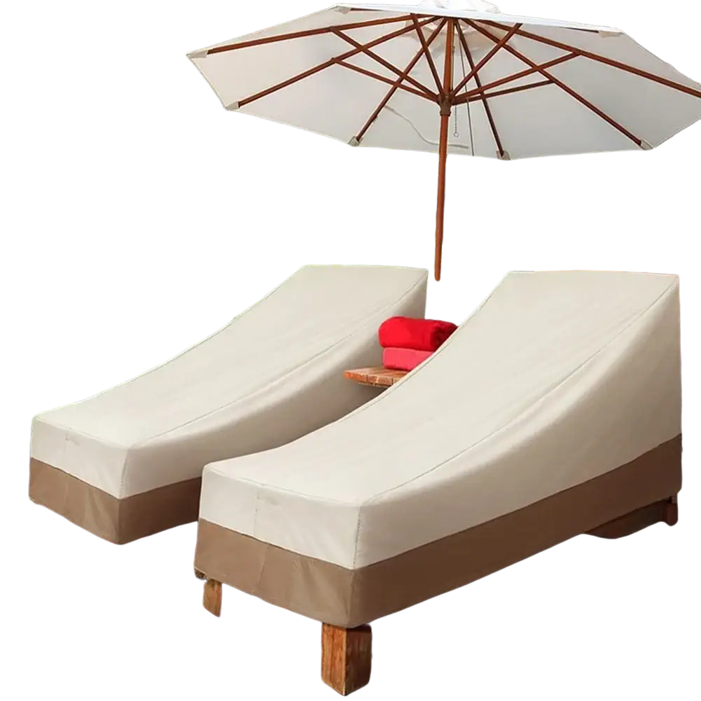 Beige and brown fabric-covered lounge chairs with wooden frames featuring heavy duty outdoor furniture lounge chair covers