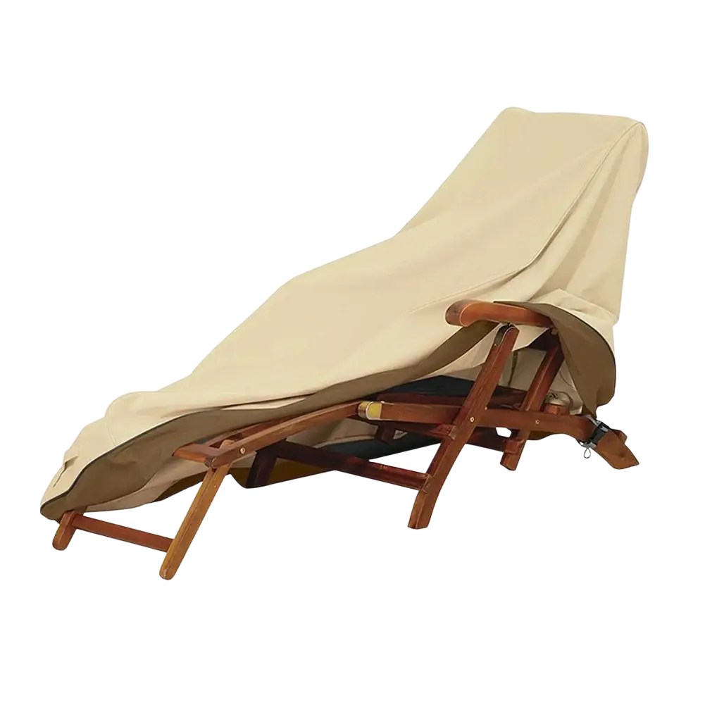 Beige heavy duty fabric lounge chair cover designed to protect outdoor furniture wooden lounge chairs