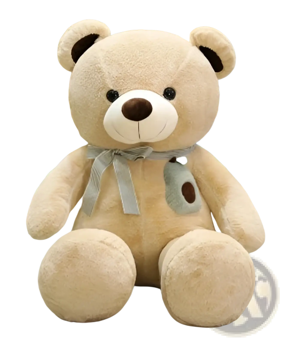 Love bear plush toy with a beige teddy bear featuring black button eyes, brown nose, and striped ribbon around neck