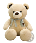 Love bear plush toy with a beige teddy bear featuring black button eyes, brown nose, and striped ribbon around neck