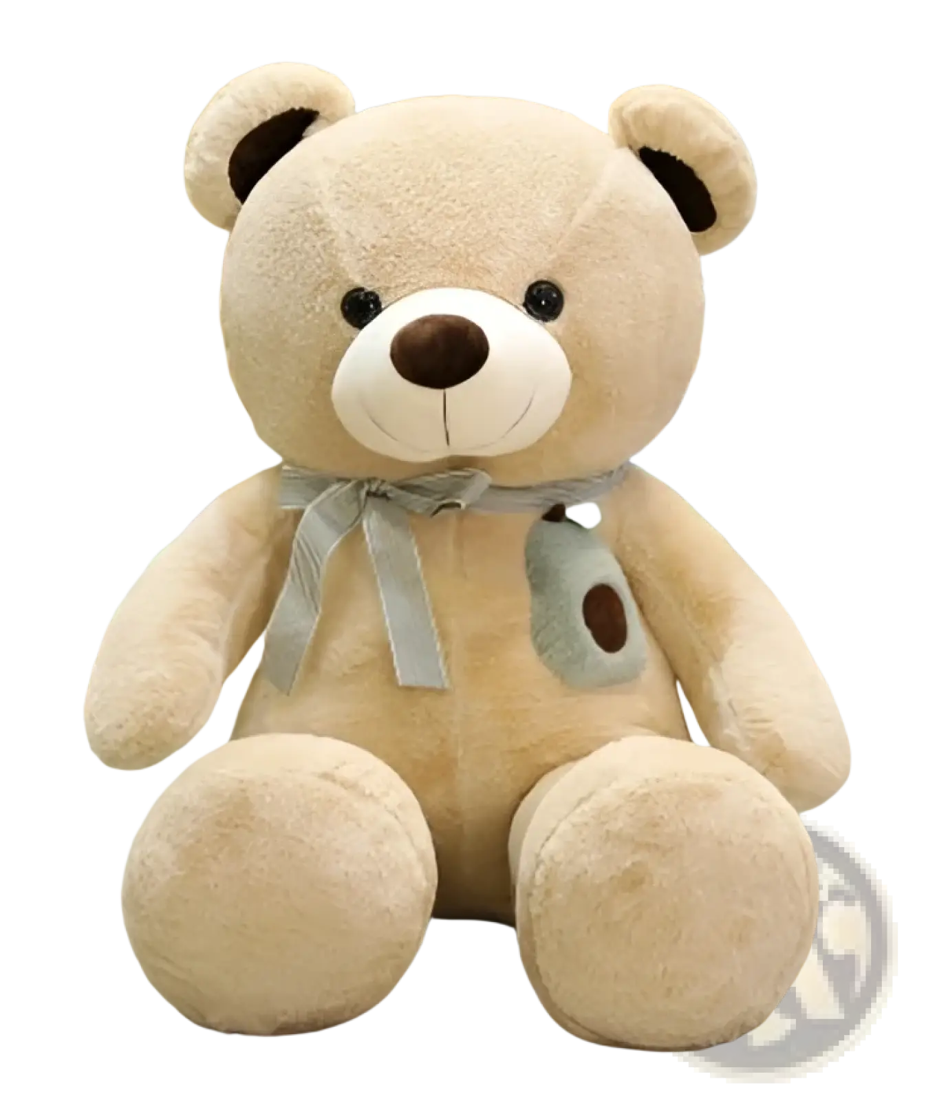 Love bear plush toy with a beige teddy bear featuring black button eyes, brown nose, and striped ribbon around neck