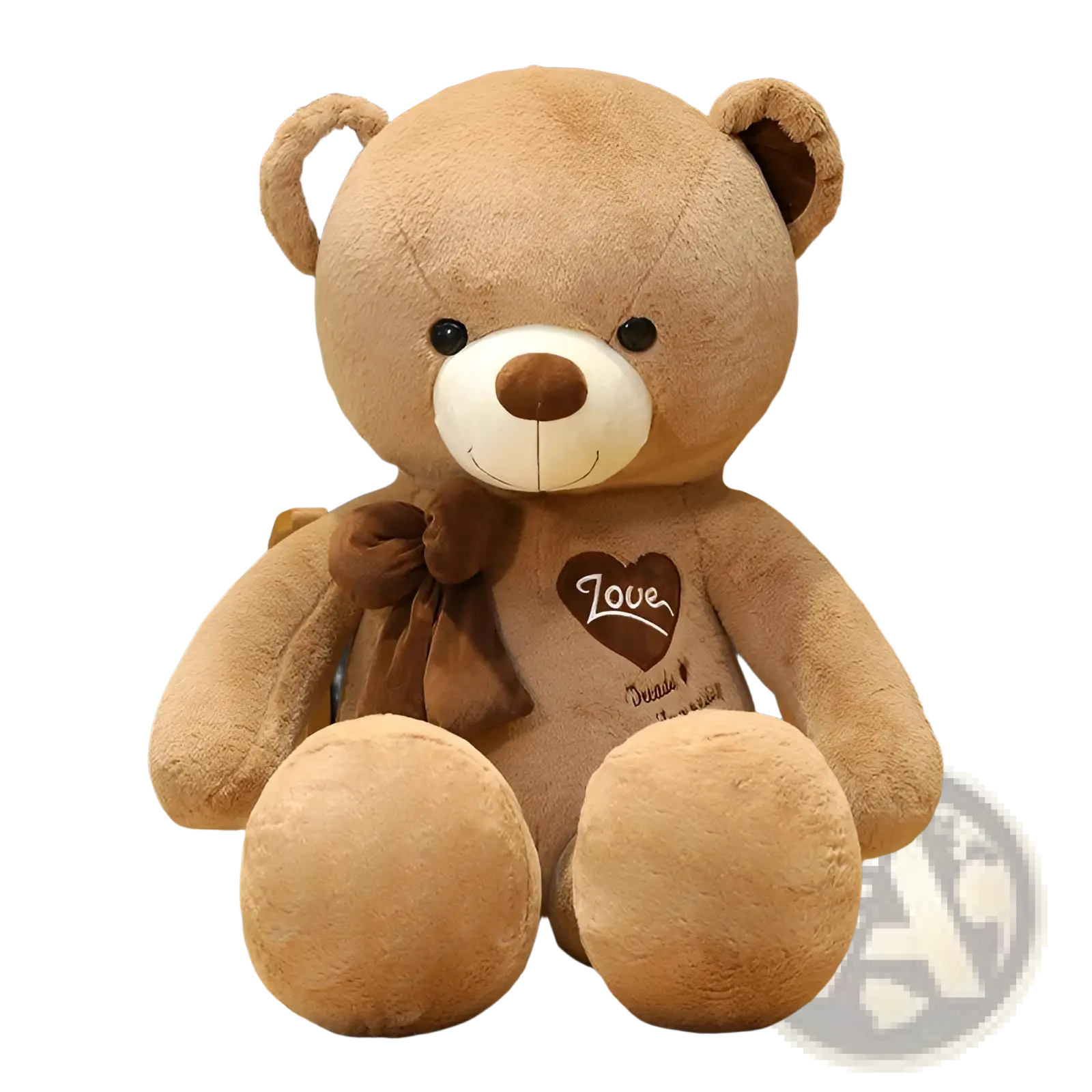 Love bear plush toy featuring a tan teddy bear with white snout and matching bow for heart confessions