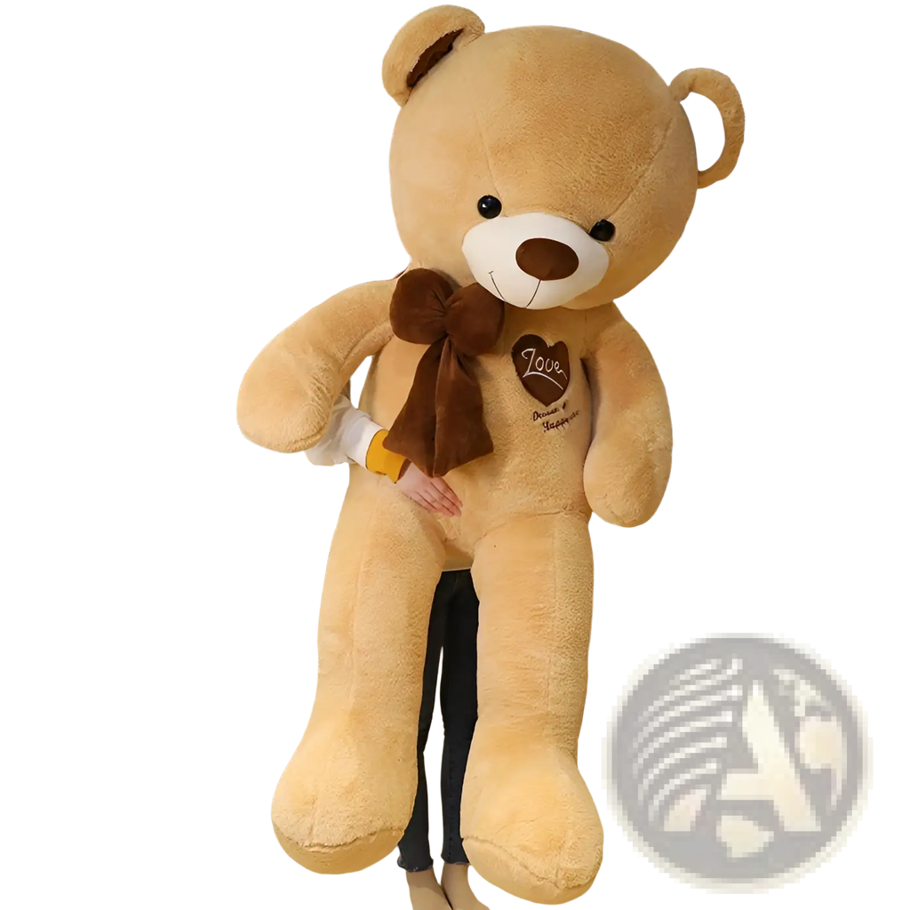 A plush tan love bear teddy bear with a brown bow and an embroidered heart reading love on its chest